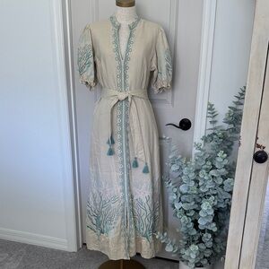 Spartina 449 Cream Midi Dress with Teal Embroidery and Tassels